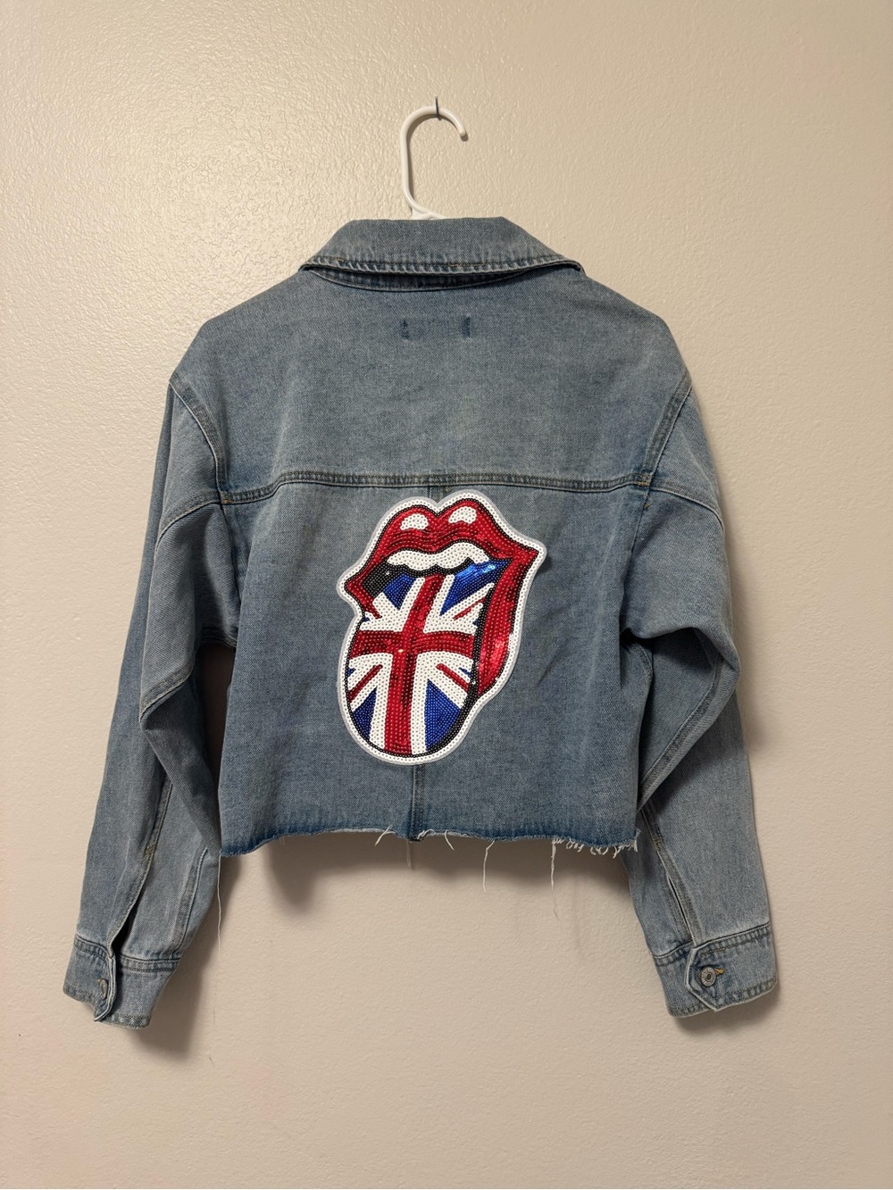 Rolling Stones inspired Denim Cropped Jacket with sequins